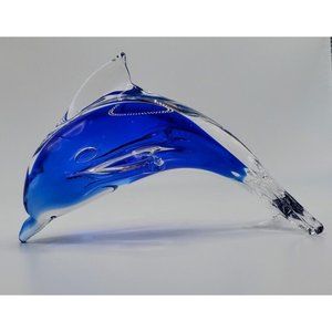 Art Glass Dolphin Figurine Sculpture Cobalt Blue Hand Blown Sommerso Jumping 5"